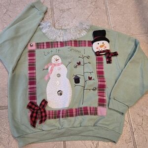 Upcycled Christmas Snowman Sweatshirt L Mint Green Folk Art